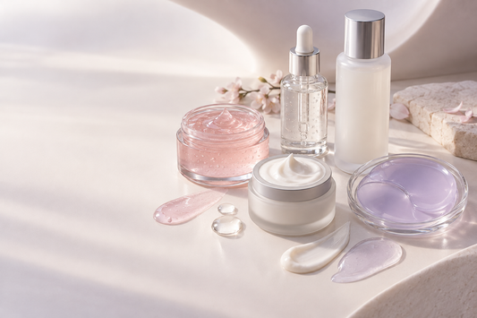 Five unbranded skincare formulas arranged in a soft pink and lavender editorial flat lay.